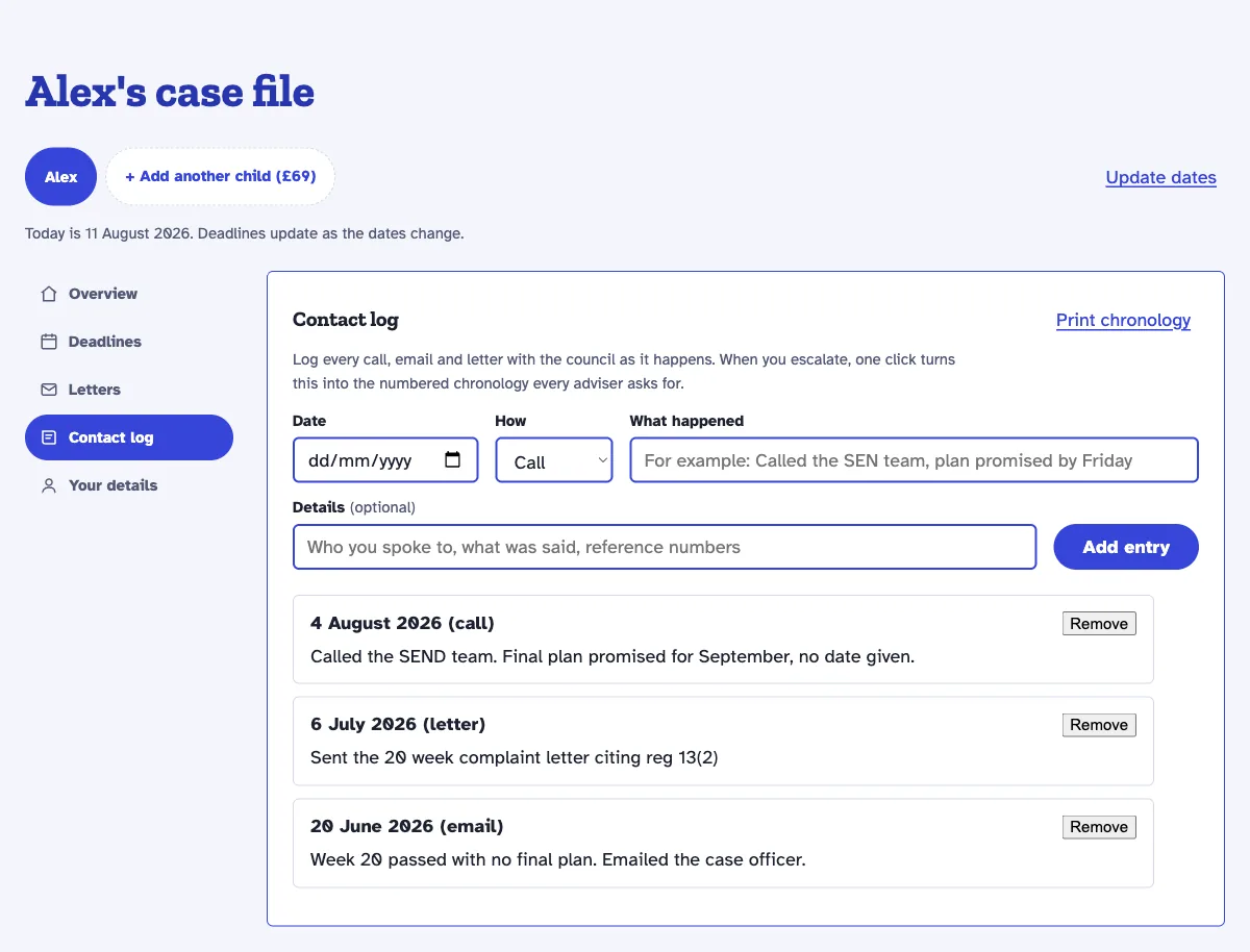 The contact log: dated entries for a call, a complaint letter and an email to the council, with the print chronology option