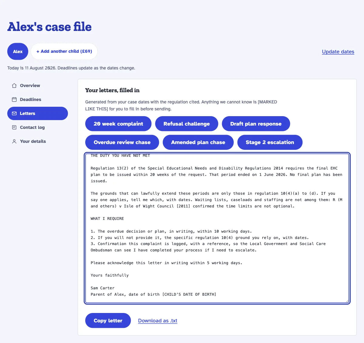 A generated 20 week complaint letter filled in from the case: the regulation cited, the breach dated, and three numbered requests to the council