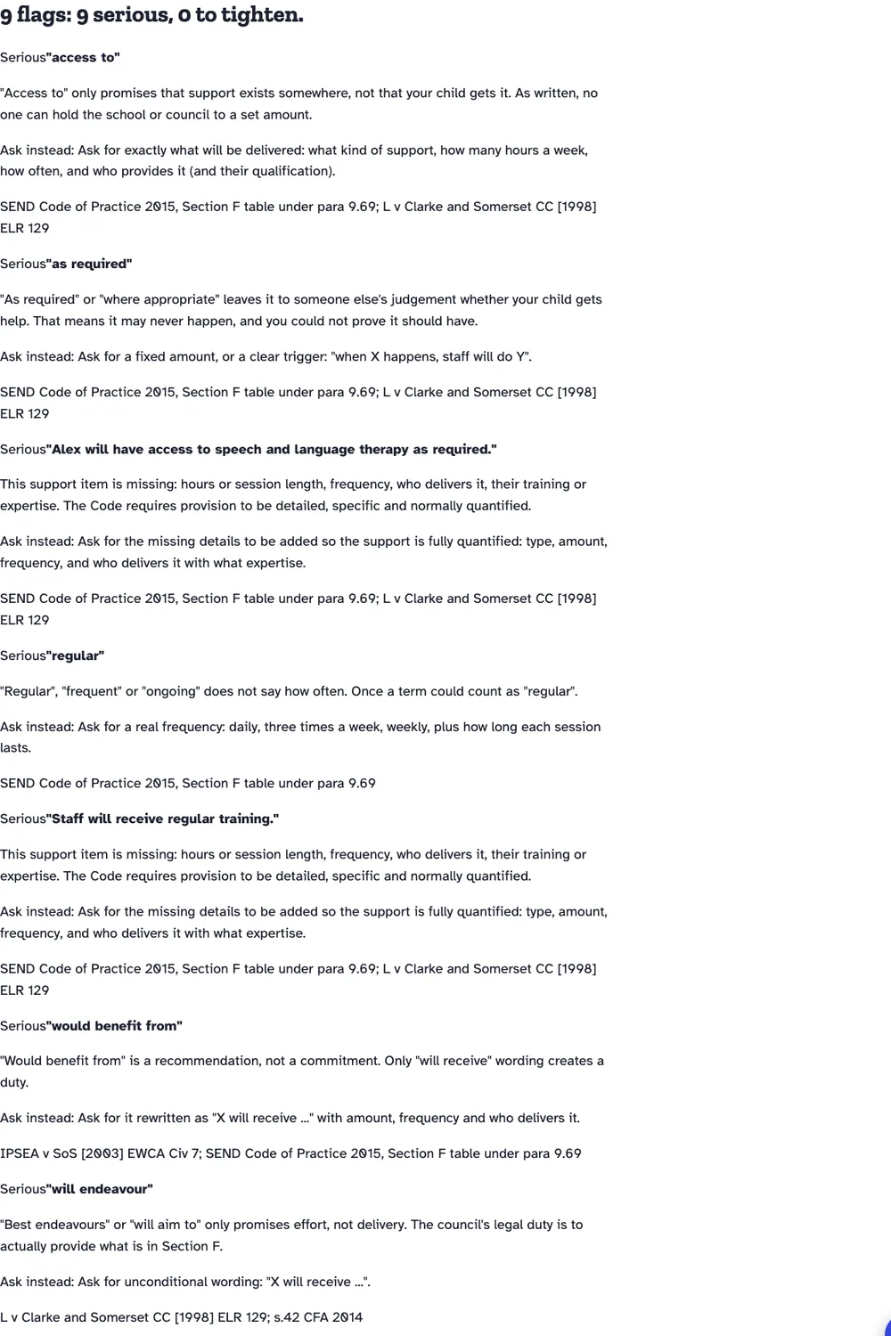 Wording checker results: each weak phrase flagged as serious, with the legal basis and the words to ask for instead